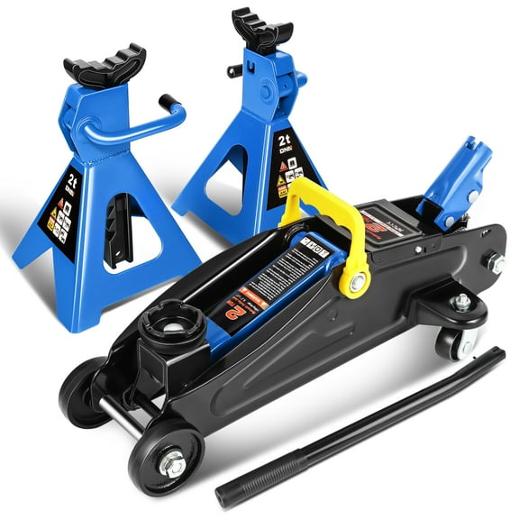 DNA MOTORING TOOLS-00476 Low Profile Hydraulic Trolley Service/Floor Jack Combo with 2 Ratchet Jack Stands, 2 Ton (4000 lbs) Capacity