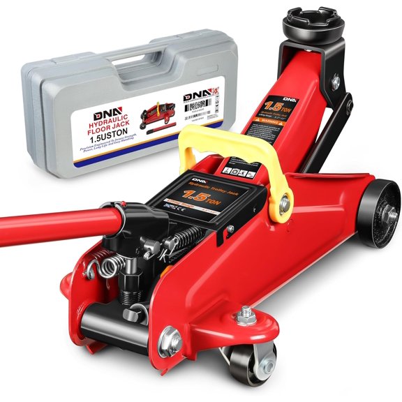 DNA Motoring 1.5 Ton Car Floor Jack Low Profile Hydraulic Trolley Service/Floor Jack, 1.5T / 3000 lbs Capacity, Lifting Range 5.3 Inch -12 Inch, with Storage Case, Red, TOOLS-00326