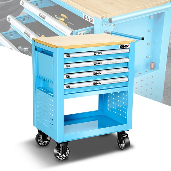 DNA Motoring 4-Drawer Foldable Tray Rolling Tool Trolley Chest Storage Cabinet w/ Keys Blue