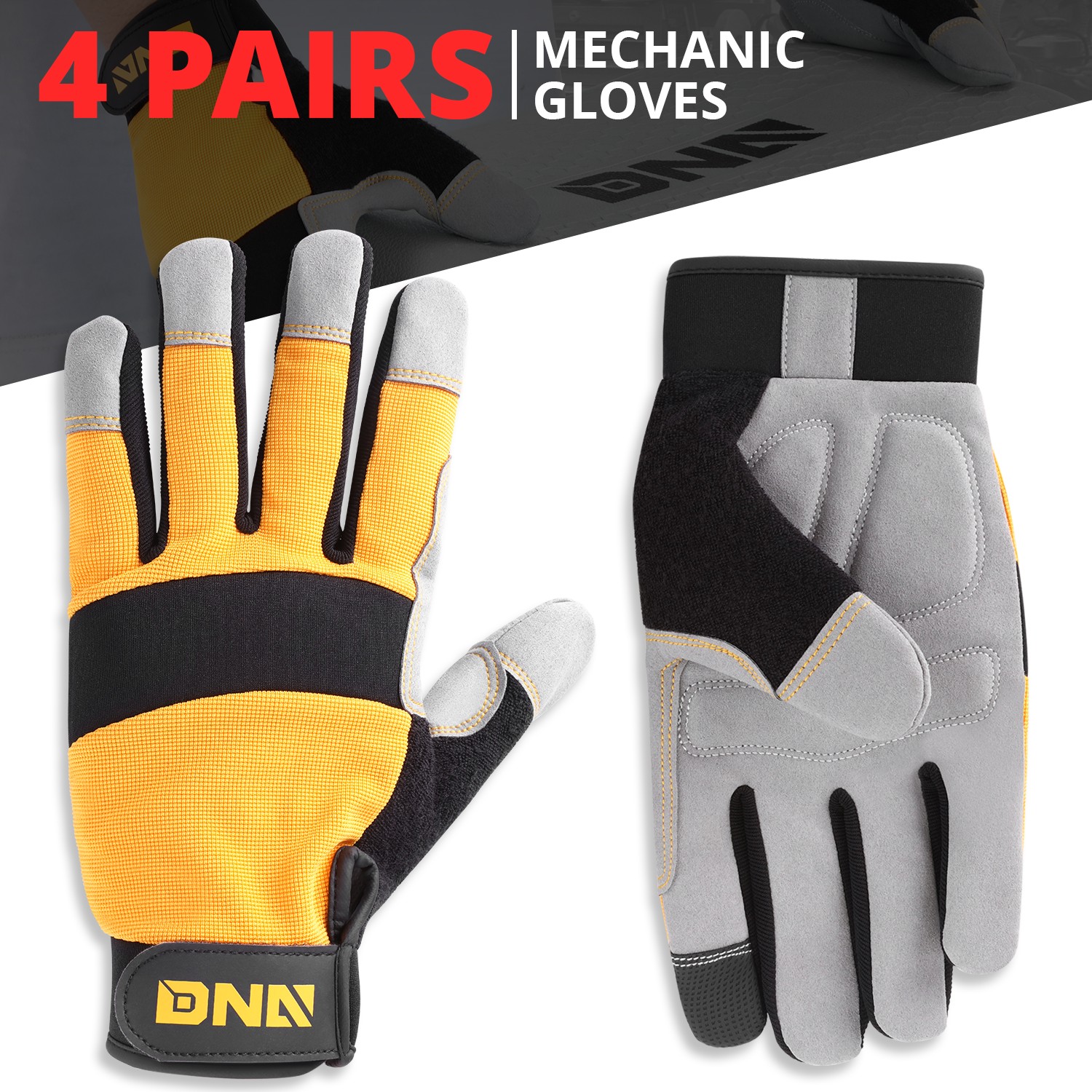 DNA Motoring 4 Pair Multi-Purpose Construction Gardening Utility Mechanic Work Gloves Yellow