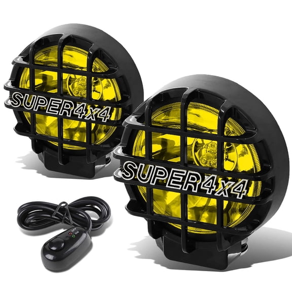 DNA Motoring 6" Round Black Stone Guard Yellow Fog Light Pair off-Road Super 4X4 Work Lamp w/Wiring+Switch
