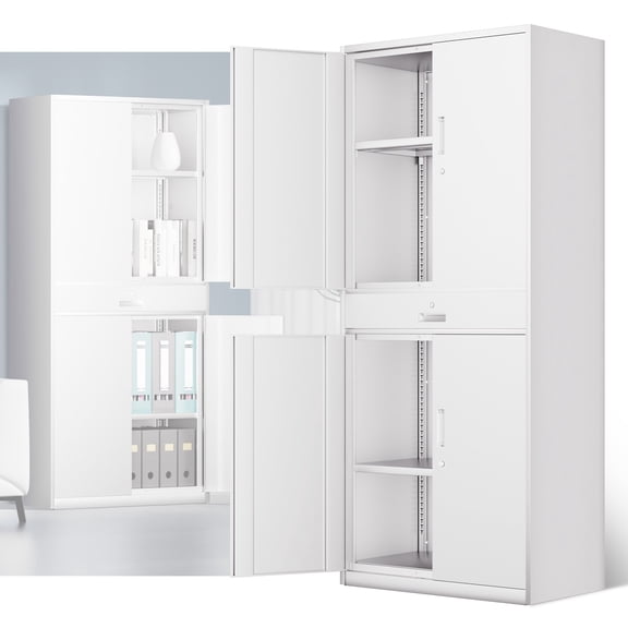 DNA Motoring 71" White Steel Lockable Metal Storage Cabinets w/ Drawer&2 Adjustable Shelves