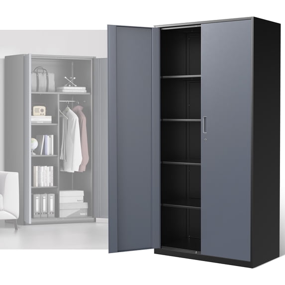 DNA Motoring 72" Gray/Black Lockable Metal Storage Wardrobe Cabinet w/Hanging Rod & 4 Shelves