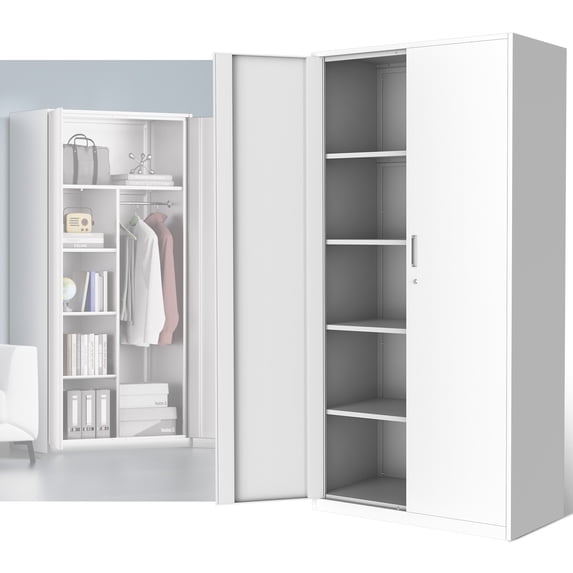 DNA Motoring 72" White Lockable Metal Storage Wardrobe Cabinet w/ Hanging Rod & 4 Shelves