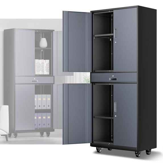 DNA Motoring 73" Gray/Black Lockable Metal Storage Cabinets w/ Adjustable Shelves&Wheels