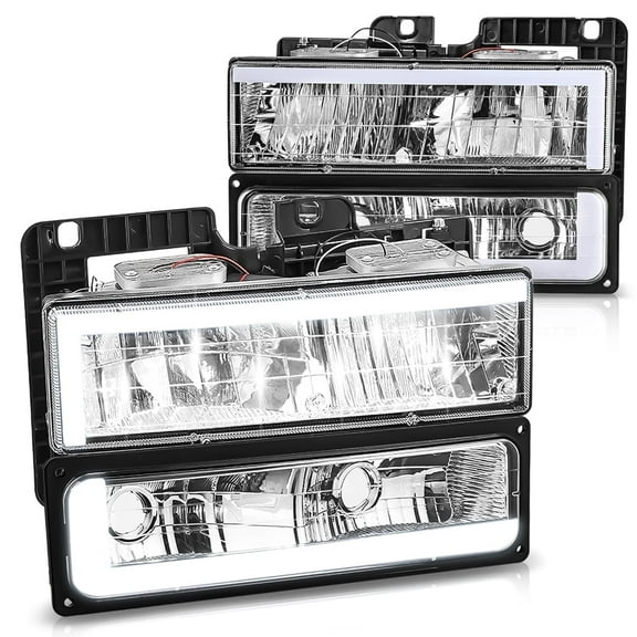 DNA Motoring C-LED Bar DRL Headlights for 88-00 Chevy GMC C/K Suburban Tahoe Yukon, Chrome