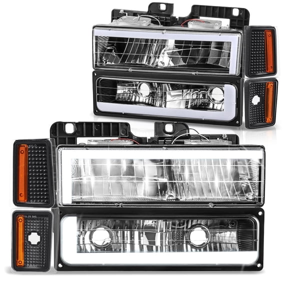 DNA Motoring C-LED Bar DRL Headlights for 88-93 Chevy C/K Pickup Suburban, Black/Amber