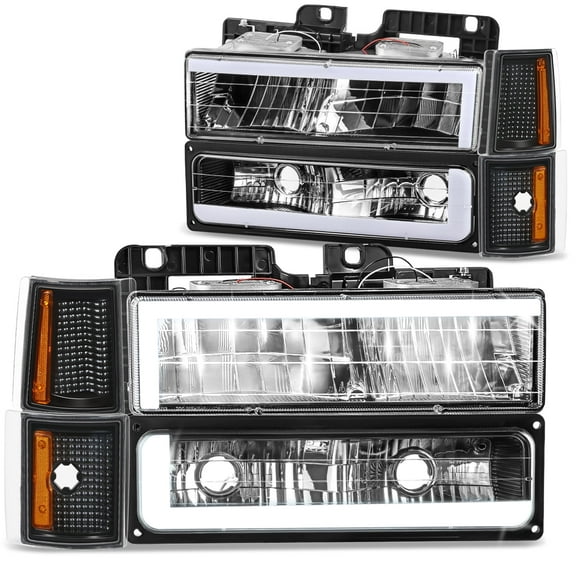DNA Motoring C-LED Bar DRL Headlights for 94-00 GMC C/K Pickup Suburban Yukon, Black/Amber