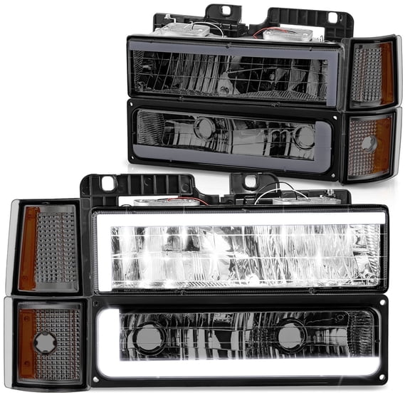 DNA Motoring C-LED Bar DRL Headlights for 94-00 GMC C/K Pickup Suburban Yukon, Smoked/Amber