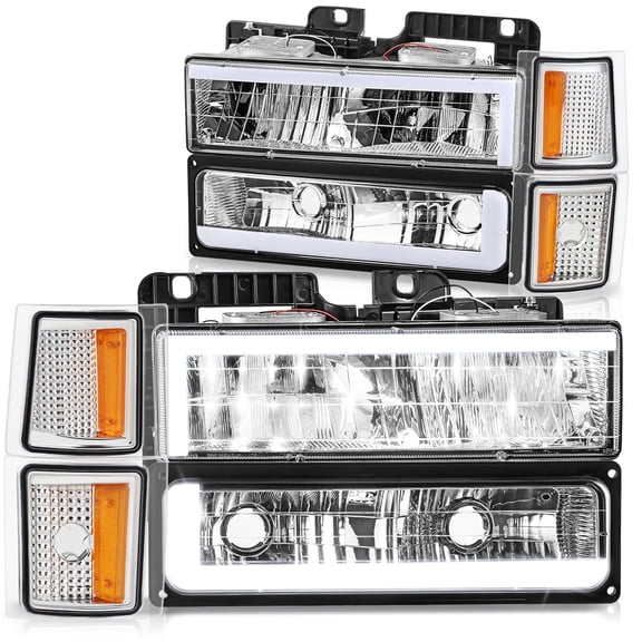 DNA Motoring C-LED DRL Headlights for 94-00 Chevy C/K Pickup Suburban Tahoe, Chrome/Amber