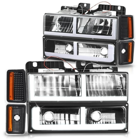 DNA Motoring F-LED Bar DRL Headlights for 1988-1993 Chevy C/K Pickup Suburban, Black/Amber