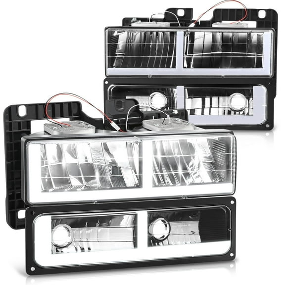 DNA Motoring F-LED Bar DRL Headlights for 88-00 Chevy GMC C/K Suburban Tahoe Yukon, Black