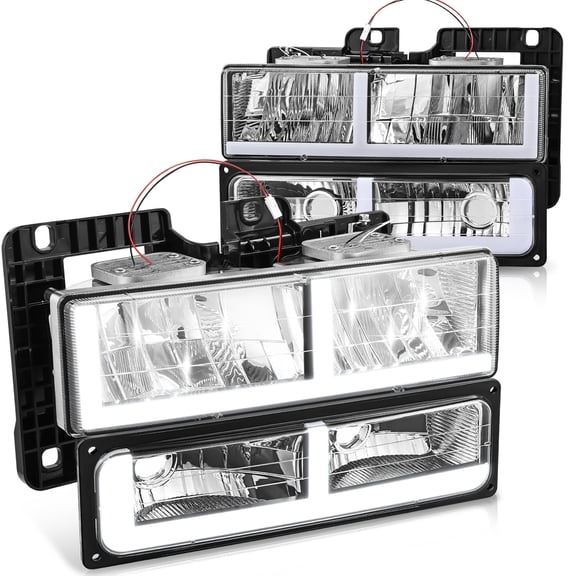 DNA Motoring F-LED Bar DRL Headlights for 88-00 Chevy GMC C/K Suburban Tahoe Yukon, Chrome