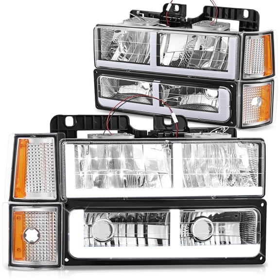 DNA Motoring F-LED Bar DRL Headlights for 94-00 GMC C/K Pickup Suburban Yukon, Chrome/Amber