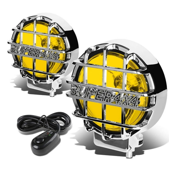 DNA Motoring 6" Round Chrome Stone Guard Yellow Fog Light Pair off-Road Super 4X4 Work Lamp w/Wiring+Switch