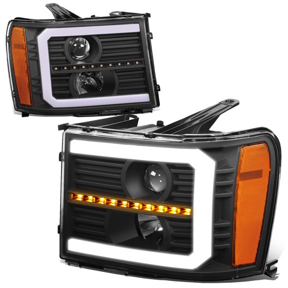 DNA Motoring For 07-14 GMC Sierra Black Amber Sequential Signal LED DRL Projector Headlight Lamps Pair