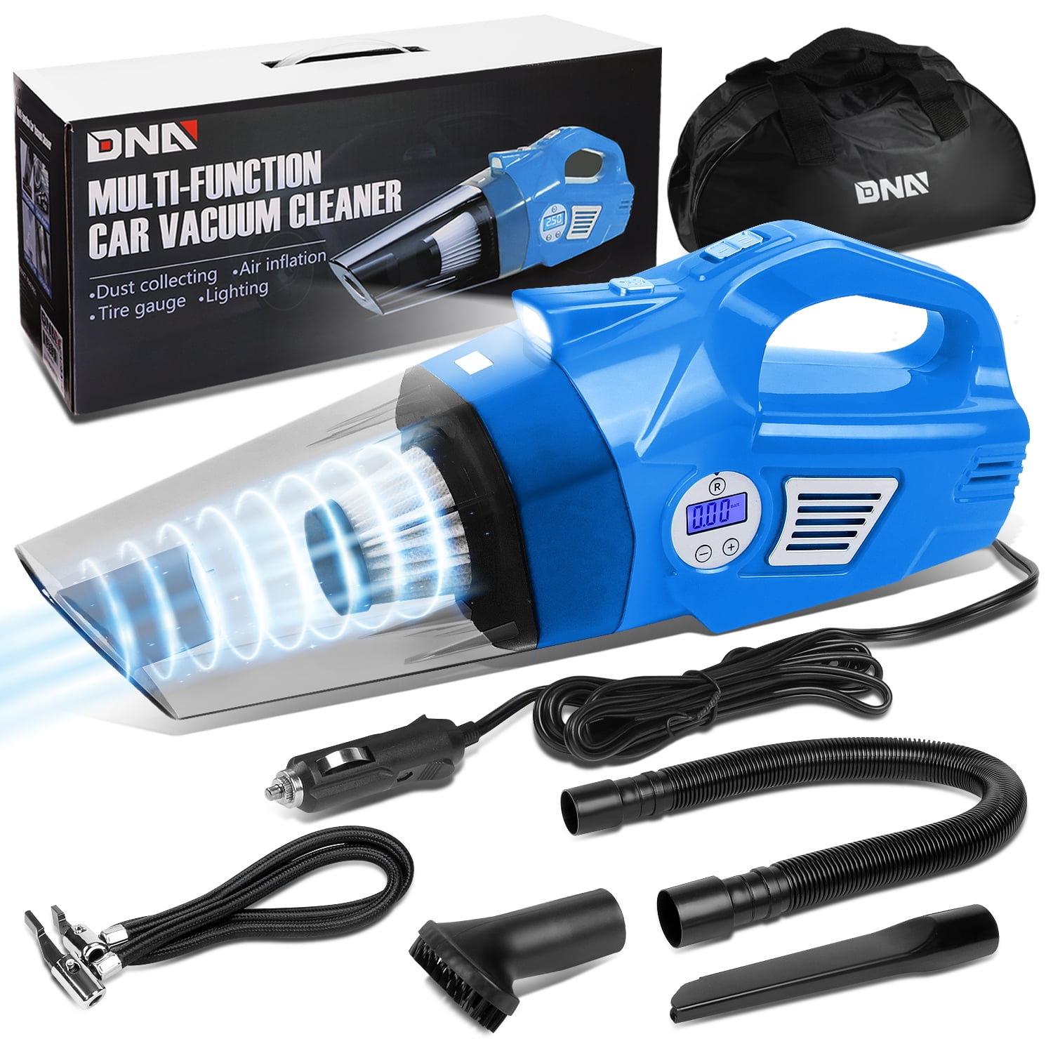 DNA Motoring For Blue LED Light Mini Handheld Air Compressor Pump Corded Car Vacuum Cleaner Cleaning Kit