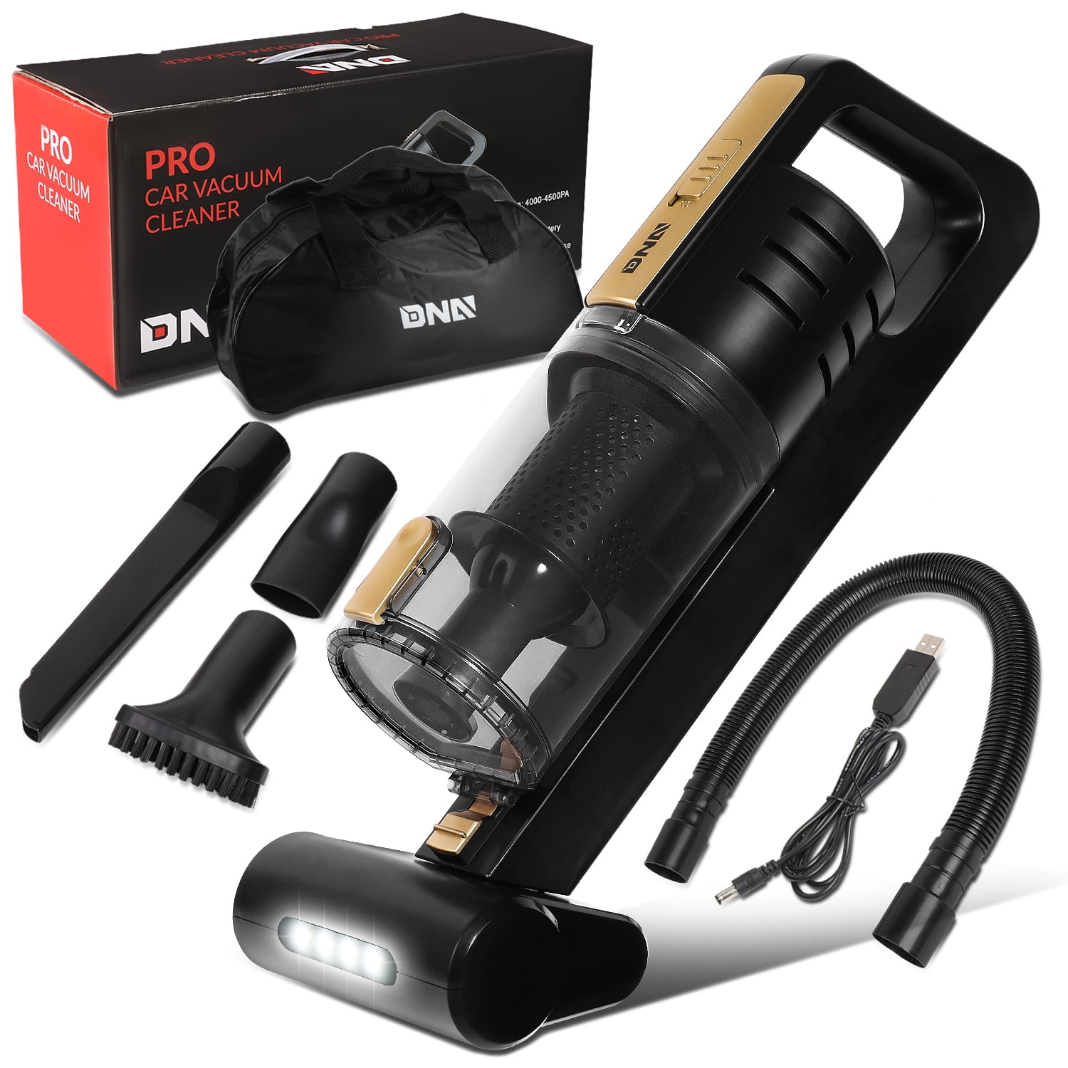 DNA Motoring For Glossy Black / Gold LED Light Mini Handheld Cordless Motorized Brush Car Vacuum Cleaner Cleaning Kit