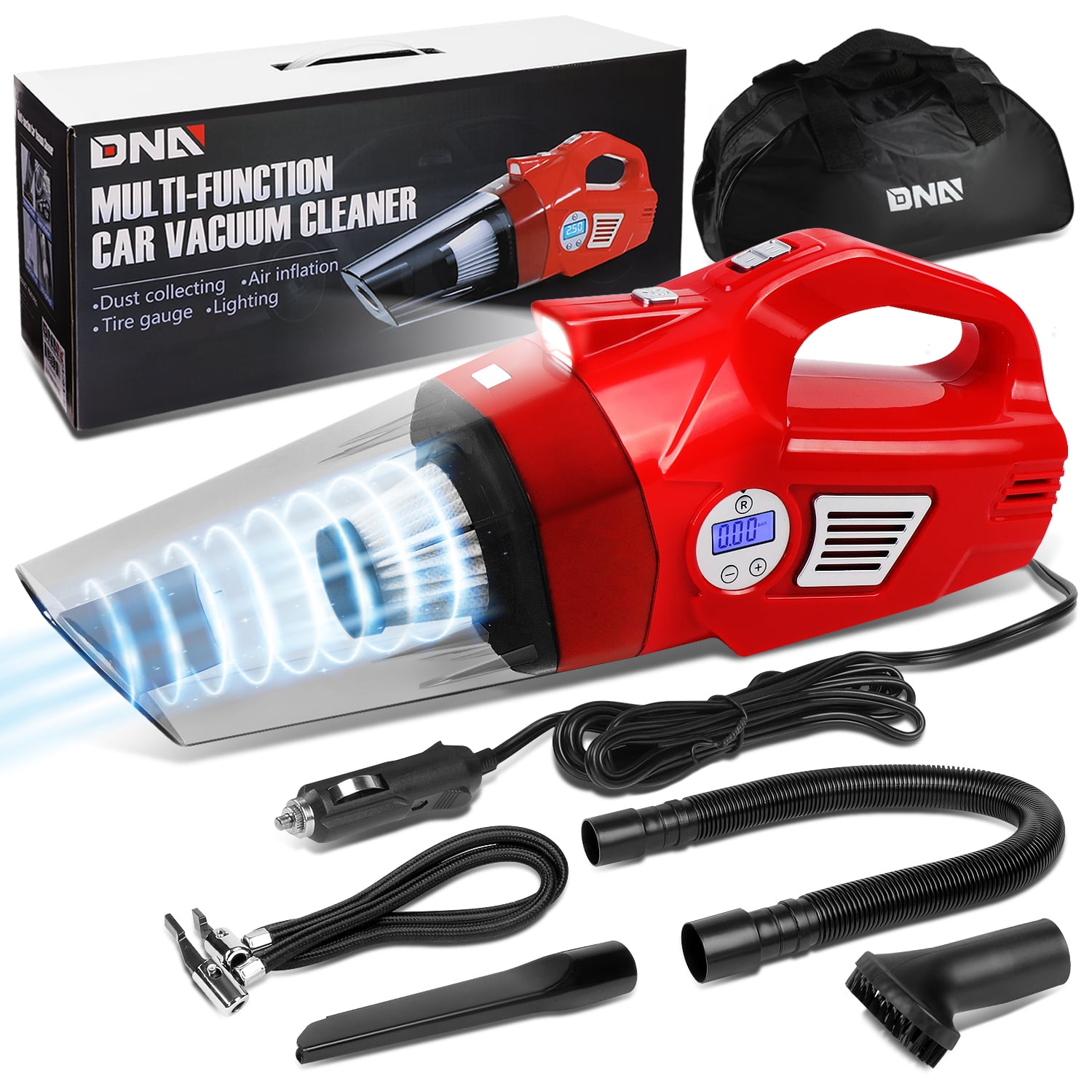 DNA Motoring For Red LED Light Mini Handheld Air Compressor Pump Corded Car Vacuum Cleaner Cleaning Kit