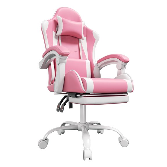 DNA Motoring Gaming Chair with Footrest, Ergonomic High-Back Office Chair with Adjustable Lumbar Support and Headrest, Leather Computer Desk Chair, Pink/White