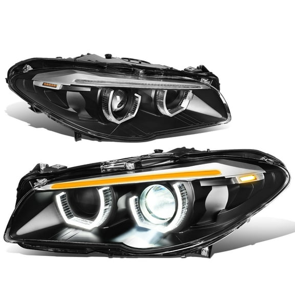 DNA Motoring HL-3D-HID-F1010-BK For 2011-2013 BMW F10 528I 528i 535I 535I 550I 550i Dual LED U-Halo DRL Sequential Turn Signal HID Projector Headlight Black 12