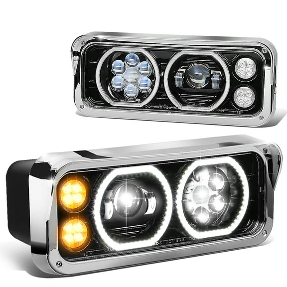 DNA Motoring HL-HAY-006-BK For 1981 to 2019 Peterbilt Freightliner Classic Kenworth Pair Black Full LED+Halo DRL+Turn Signal+Dual Projector Headlights