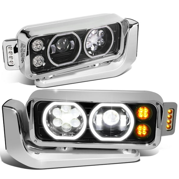 DNA Motoring HL-HAY-017-BK For 1981 to 2021 Peterbilt 359 379 389 LED Halo Rings DRL Turn Signal Dual Projector Black Housing Headlight Lamps