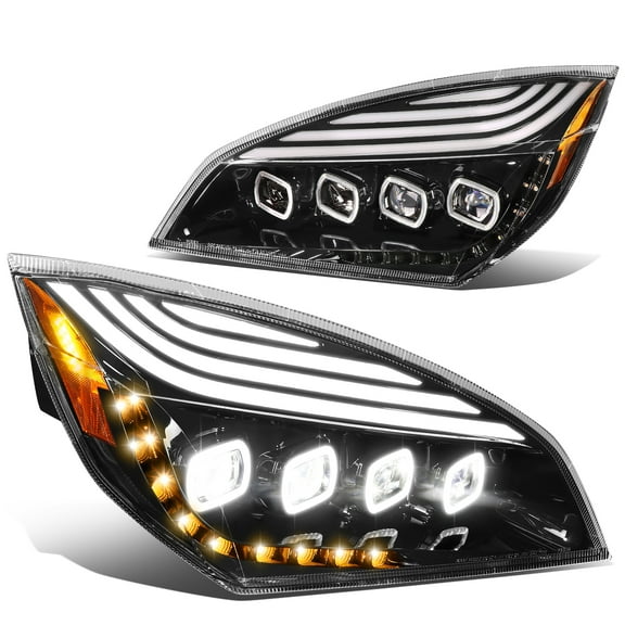 DNA Motoring HL-HAY-024-BK For 2018-2021 Freightliner Cascadia Black Quad Square Style Sequential Signal LED DRL Projector Headlights
