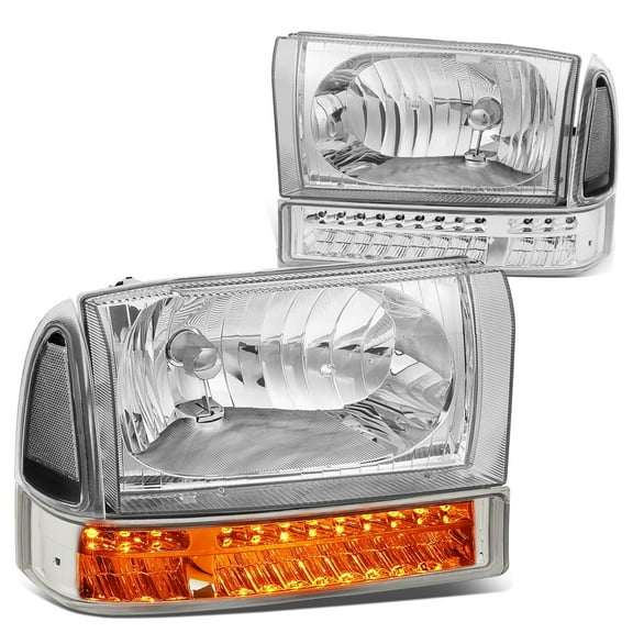 DNA Motoring LED Turn Signal Headlights Assembly for 99-04 Ford F250 F350 Super Duty, Chrome / Clear