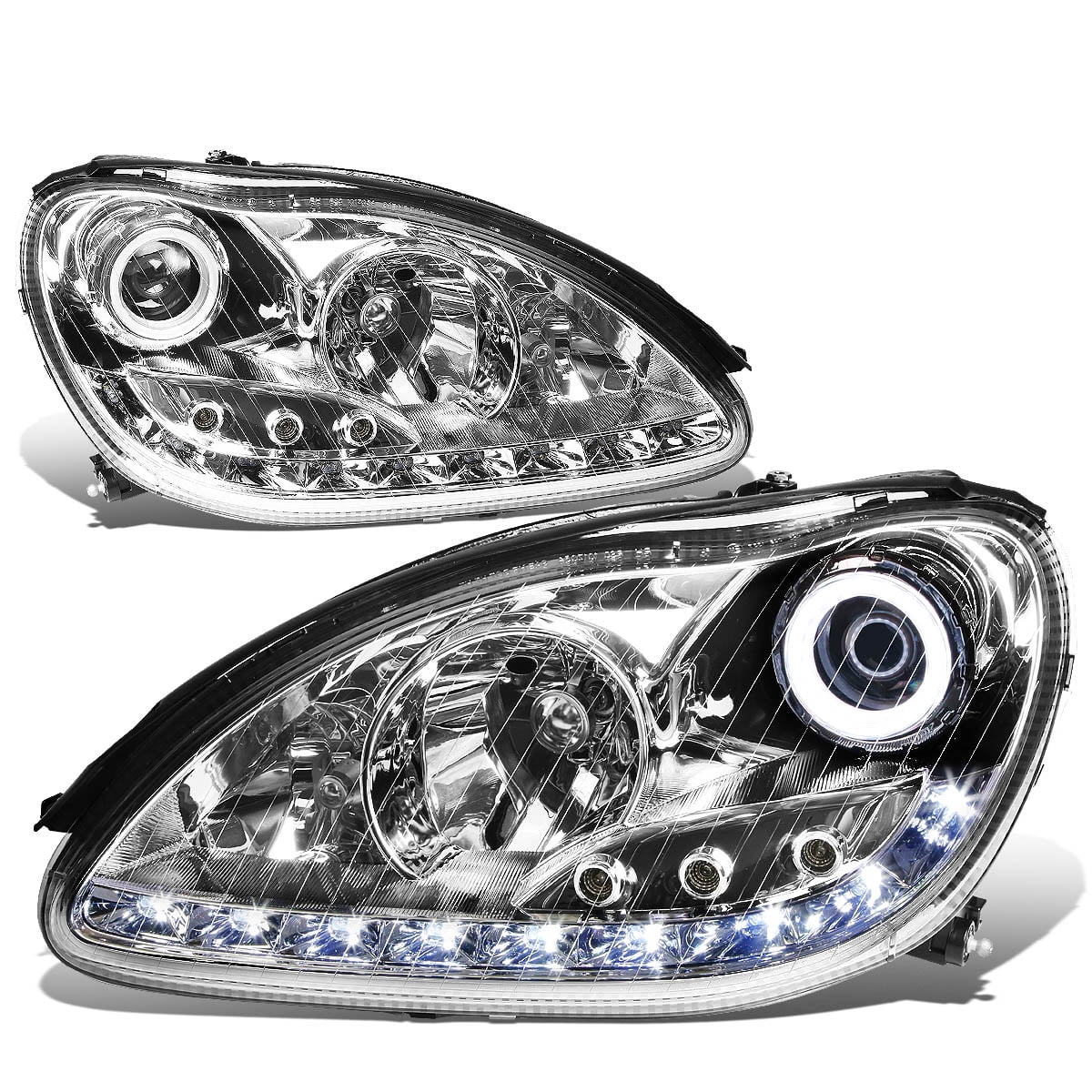 DNA Motoring HL-HPL-LED-W22000-CH For 2000 to 2006 Mercedes-Benz S-Class  W220 LED Halo Ring Projector Headlight Chrome Housing Headlamp 01 02 03 04  05