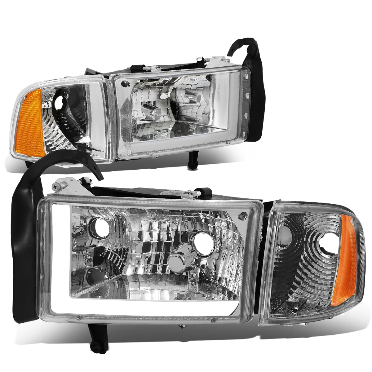 DNA Motoring HL-LB-DR944-CH-AM For 1994 to 2002 Dodge RAM 1500 2500 3500  LED DRL Light Bar Headlights Chrome Housing Amber Corner Headlamp 95 96 97  98