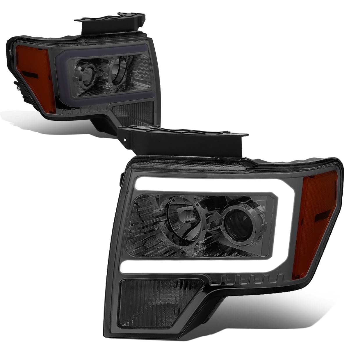 LED Tube DRL Headlights Projector Headlamps for 09-14 Ford F150 Smoked/ Amber