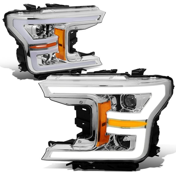 DNA Motoring HL-LB-F15018-CH-AM For 2018 to 2020 Ford F-150 Chrome Housing Amber Corner LED DRL Sequential Turn Signal Projector Headlight Head Lamps LH+RH 19