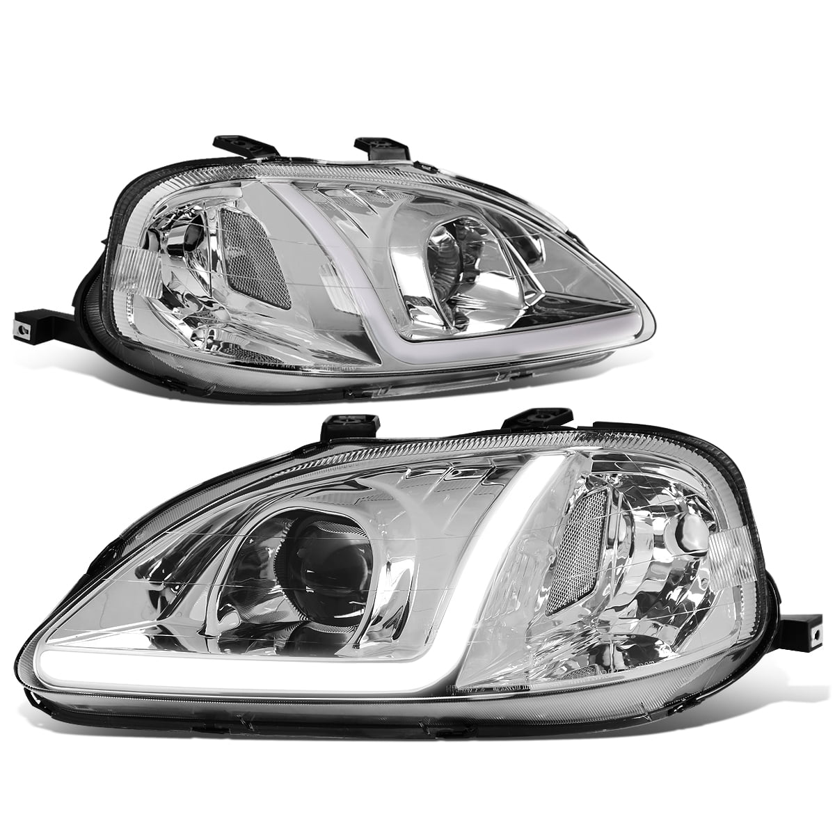 DNA Motoring HL-LB-HC99-CH-CL1 For 1999 to 2000 Honda Civic 3D LED DRL Light Bar Projector Headlight Chrome Housing Clear Side Headlamps