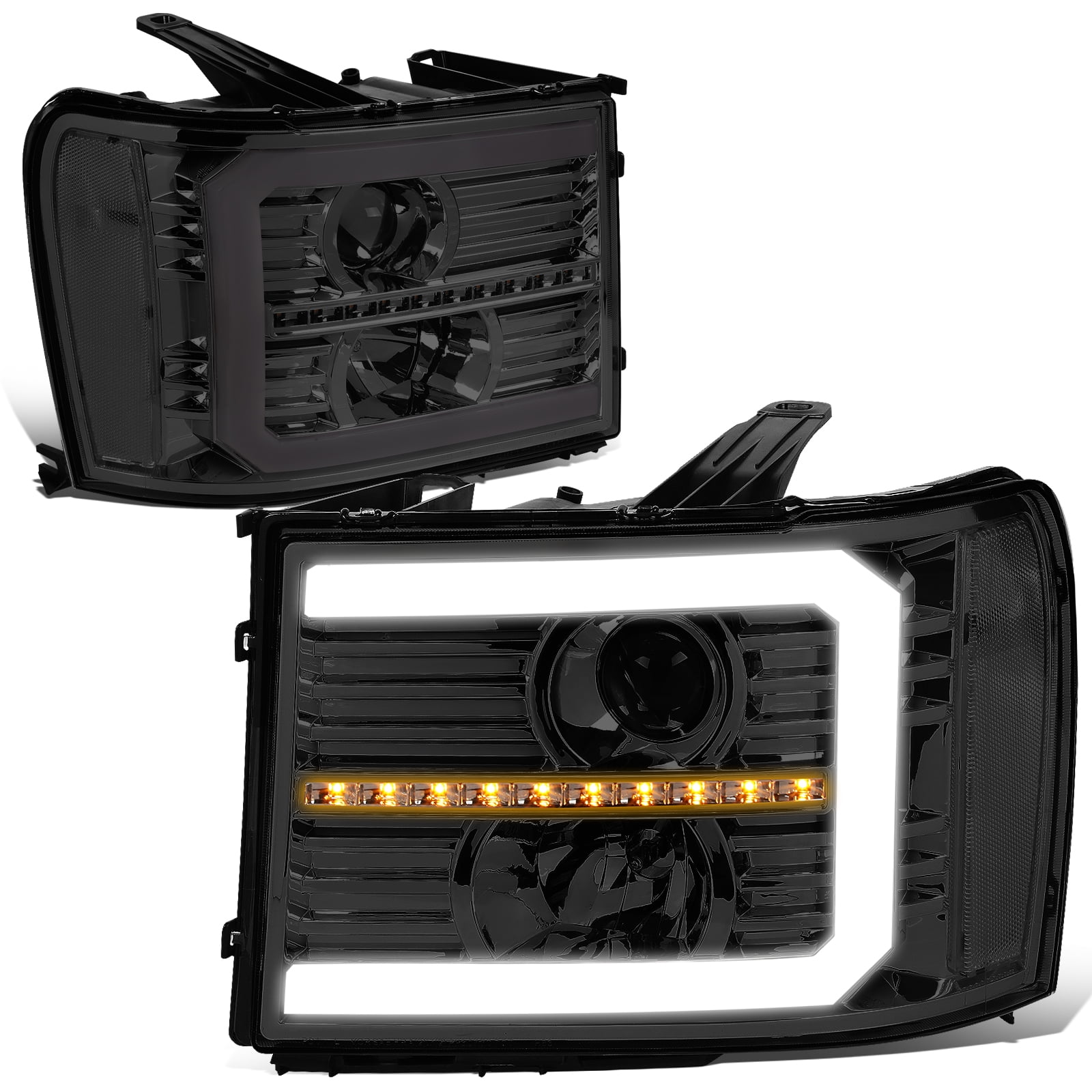 Smoke/Amber Projector Headlights W/ LED DRL & Sequential Signal – For 07-14 Silverado