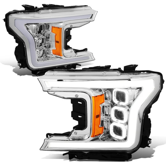 DNA Motoring HL-LB-T8-F15018-CH-AM For 2018 to 2020 Ford F-150 Chrome Housing Amber Corner LED DRL Sequential Turn Signal Projector Triple Square Halo Headlight Head Lamps 19