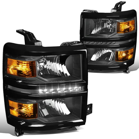 DNA Motoring HL-LED-CSIL14-BK-AM For 2014 to 2015 Chevy Silverado 1500 LED DRL Light Bar Headlight Black Housing Amber Corner Headlamp Left + Right