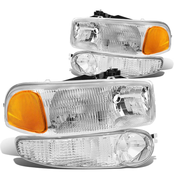 DNA Motoring HL-OEM-DAN99-4P For 2001 to 2006 GMC Sierra Yukon Denali 1500 OE Style Headlight+Bumper Lamp Chrome Housing 02 03 04 05 4Pcs Left + Right