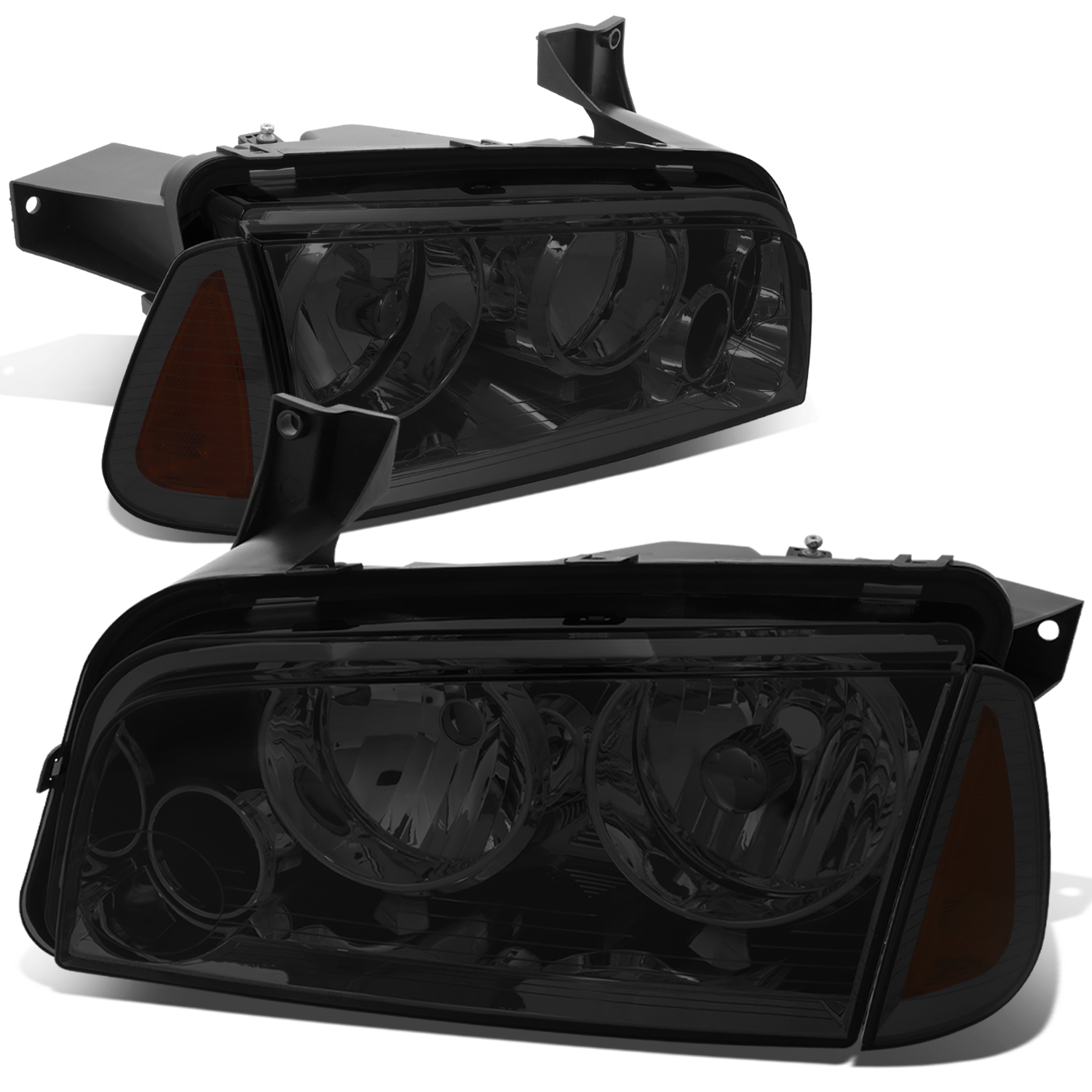 Black Housing Headlight Set For 2006-2010 Dodge Charger – Clear Lens, 4-Piece Assembly With Side Markers