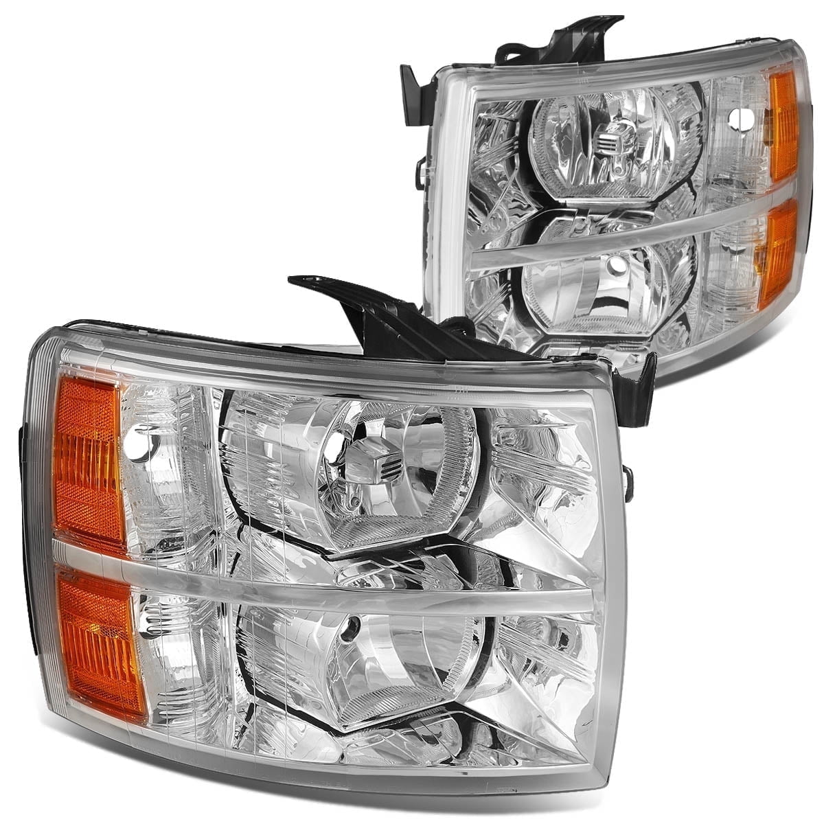 DNA Motoring For 07-14 Chevy Silverado Chrome Amber Halogen Headlight Lamps Pair Replacement