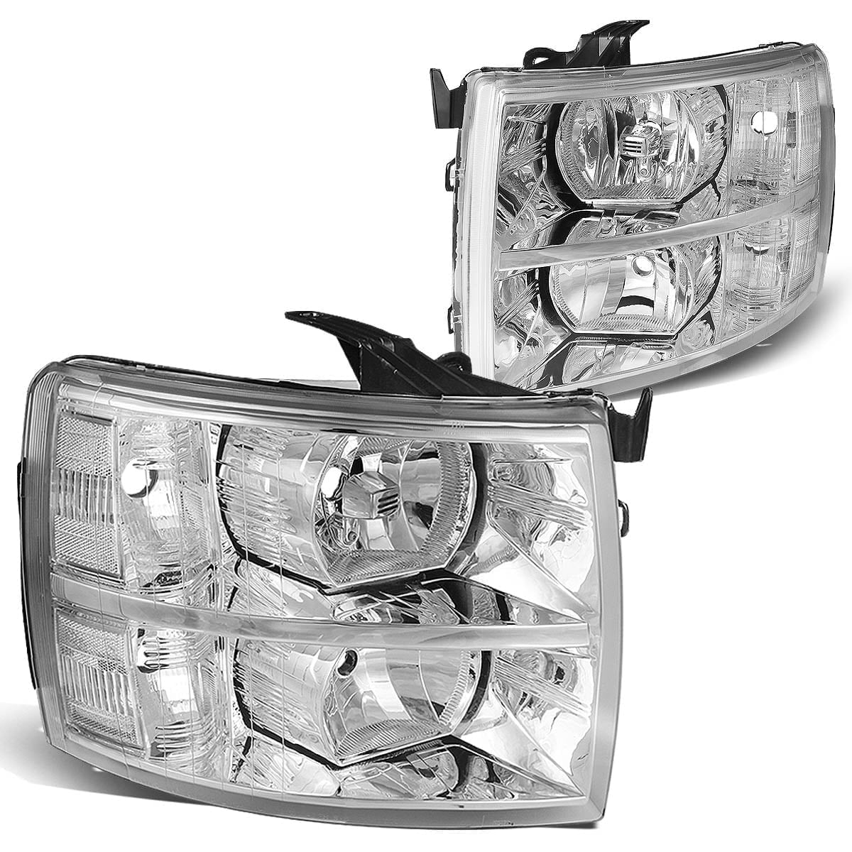 DNA Motoring For 07-14 Chevy Silverado All Chrome Halogen Headlight Lamps Pair Replacement