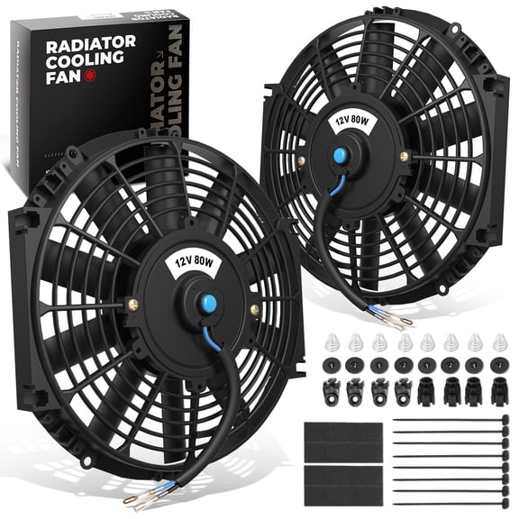 DNA Motoring 2pcs 12 Inch Universal Slim Pull/Push Radiator Cooling Fan Set + Mounting Kit Black