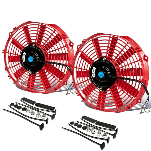 DNA Motoring 2pcs 12 Inch Universal Slim Pull/Push Radiator Cooling Fan Set + Mounting Kit Red
