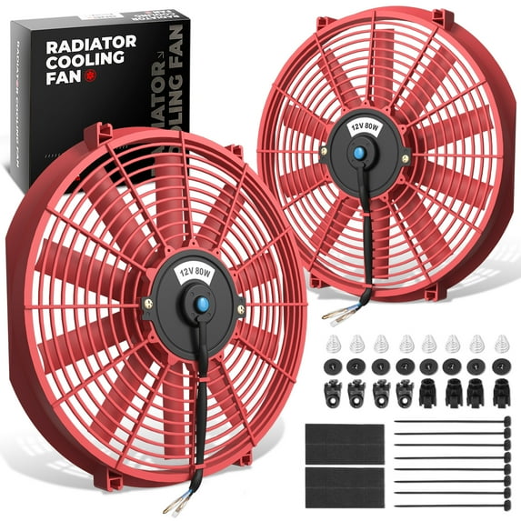 DNA Motoring 2Pcs 16" Inch High Performance Slim Electric Radiator Cooling Fan kit Red