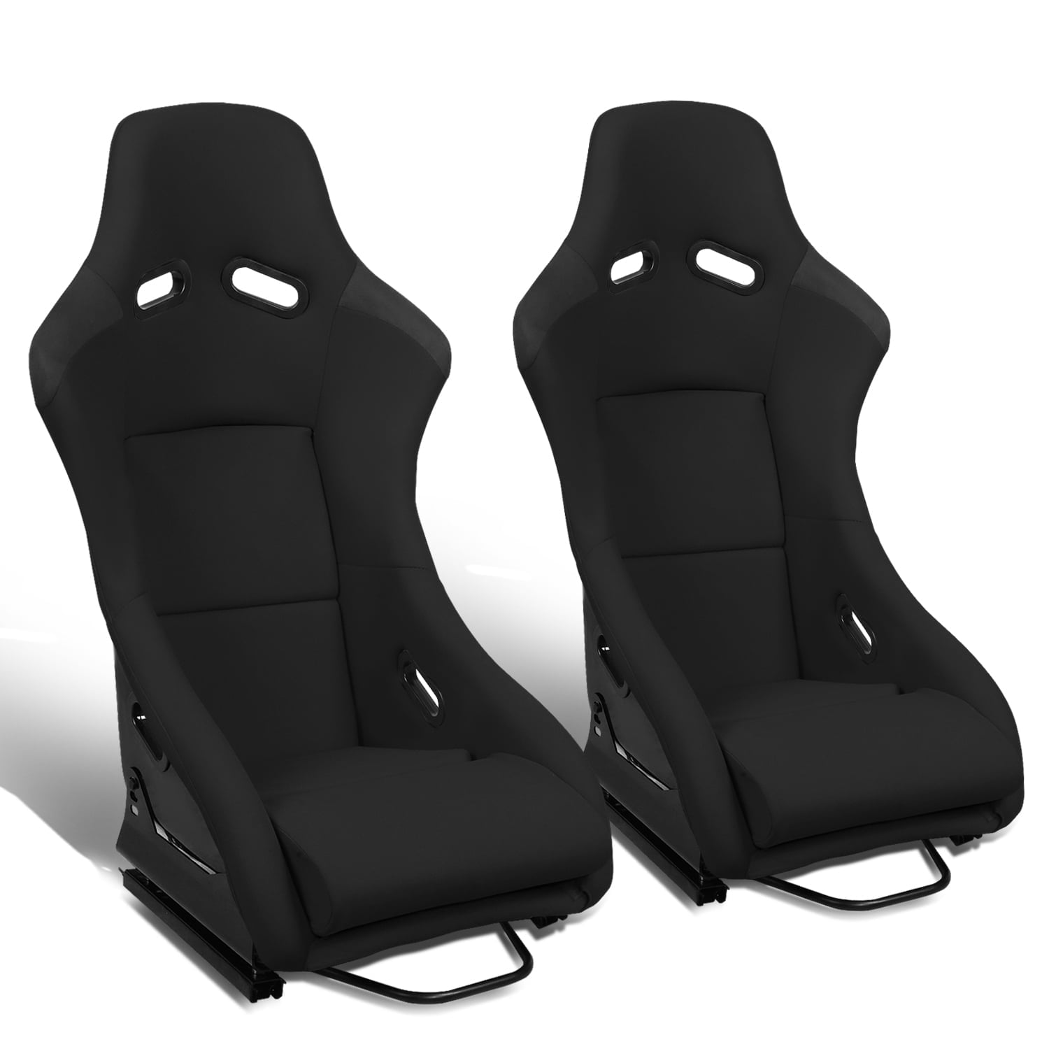 DNA Motoring Black Fabric Fixed Position Racing Car Bucket Seat Pair Full Set w/Sliders