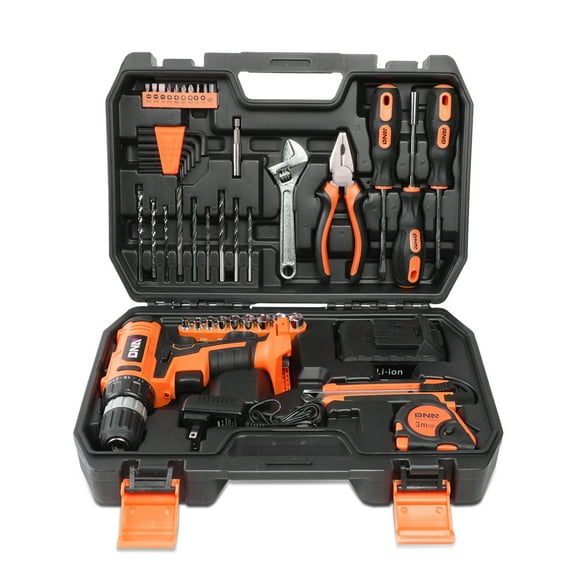 DNA Motoring TOOLS-00020 DNA MOTORING Orange 46 Pcs 18V 1300mAh Battery Cordless Drill Combinaton Tool Set Home Hand Repair Kit