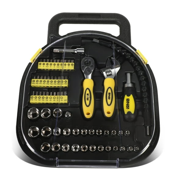 DNA Motoring TOOLS-00027 DNA MOTORING Yellow 64 Pcs Protable Fastener Removal Tool Kit w/Screwdriver Bit+Ratchet+Sockets+Flex Extension