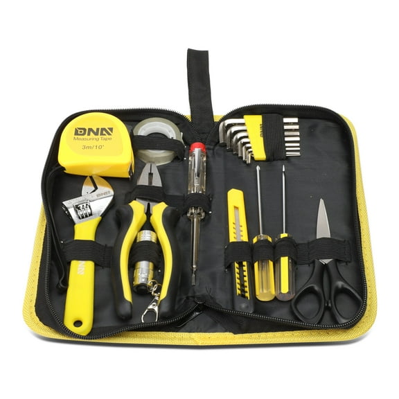DNA Motoring TOOLS-00031 DNA MOTORING Yellow 18 Pcs Protable Home Office Repair Tool Kits w/Plier+ Adjustable Wrench+Utility Knife+Hex Keys+Screw Driver