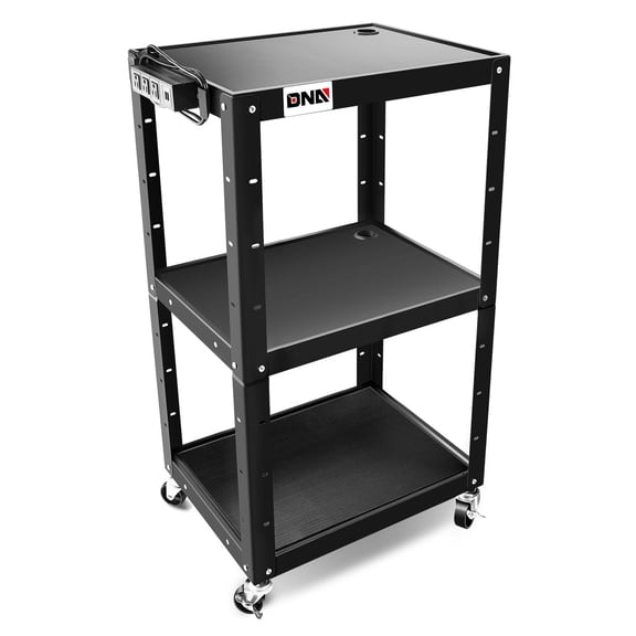 24"-42" Adjustable Height 3-Layer Utility Steel Media AV Cart w/ Power Strip