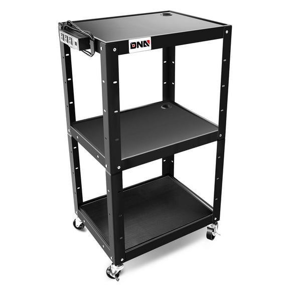 DNA Motoring TOOLS-00136 Black Steel Height Adjustable 3-Layer Media Rolling AV Cart With Power Strip + Locking Casters